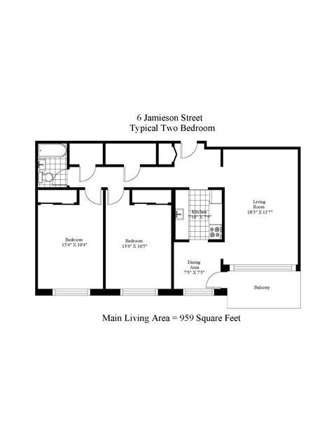 Floor plan for 2 beds, 1 bath, 959 sqft
